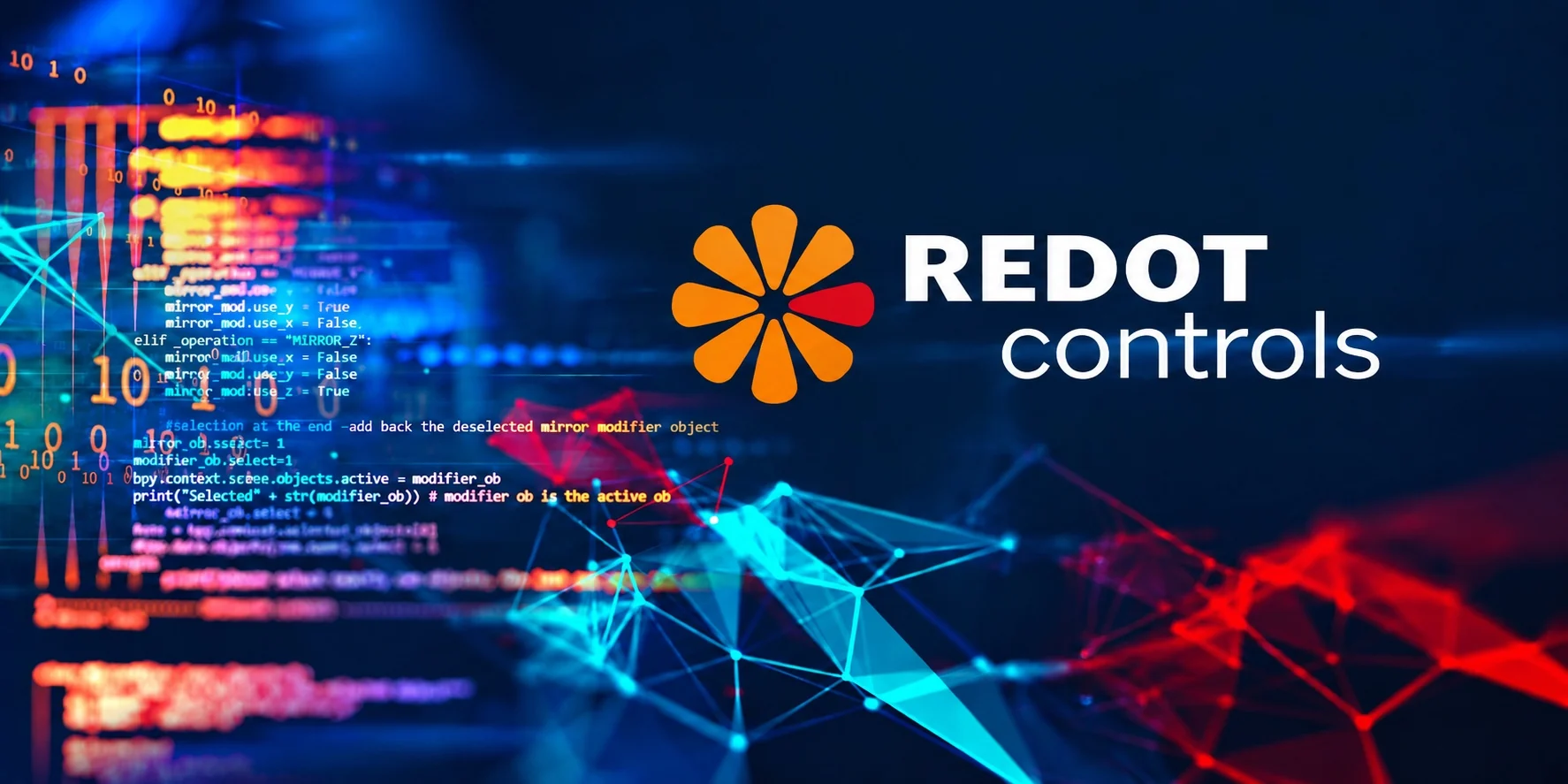 REDOT controls 品牌标识与代码、网络图形，深蓝科技背景